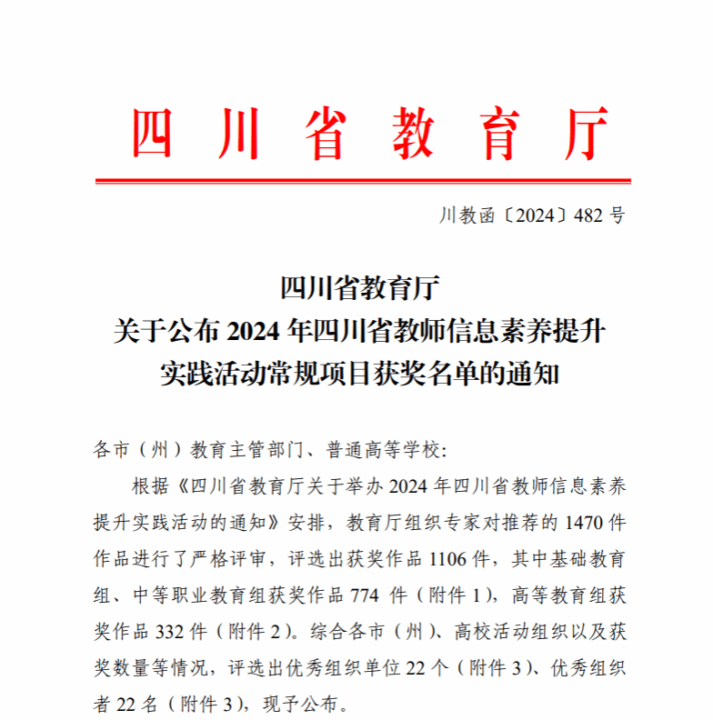 西南交通大学教师团队在2024年四川省教师信息素养提升实践活动获奖